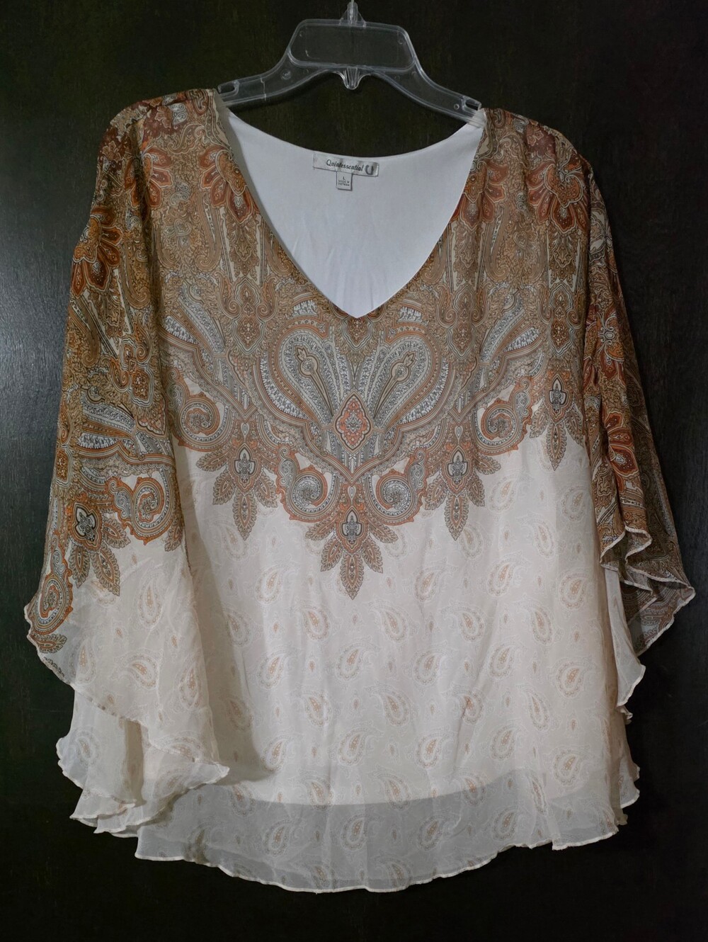 Paisley-Print Cream Layered V-Neck Poncho Blouse Hi-Lo Women's Size L
